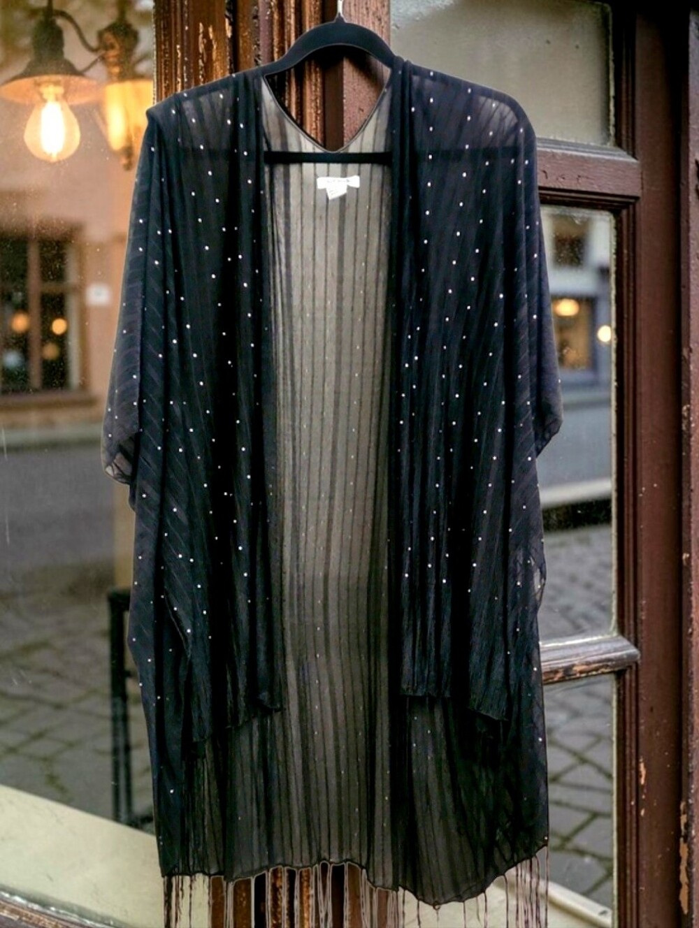 Sheer Black Fringe Kimono Cardigan With Metallic Foil Dots